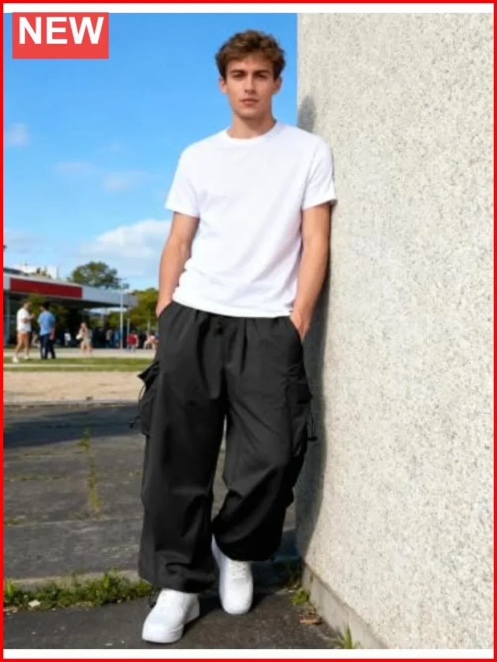 Men's Baggy Cargo Pants Waterproof Relaxed Fit Parachute Pants Hiking Casual